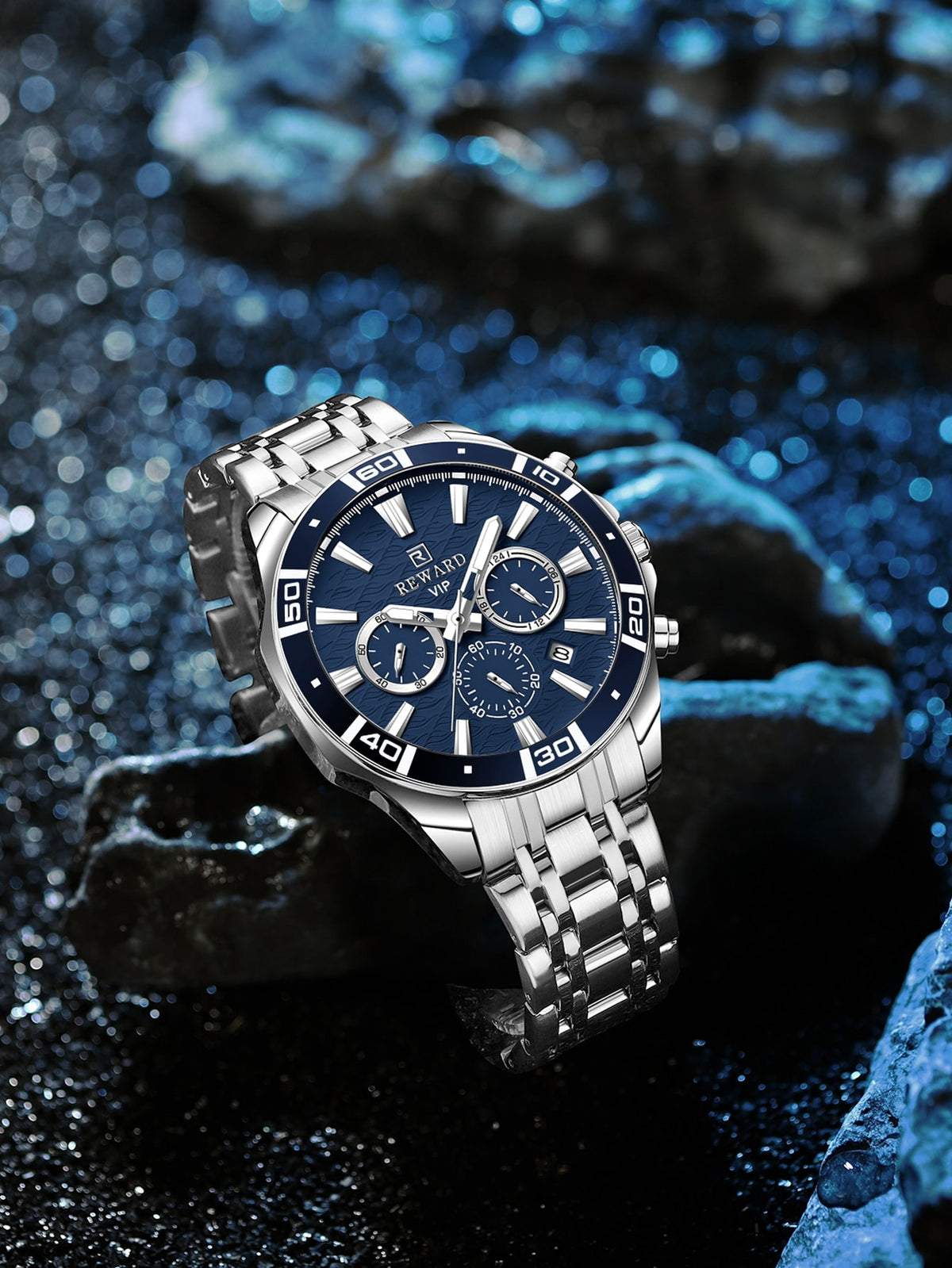 Relógio Cronógrafo Azul Pulseira Aço Bezel Tático Luxo