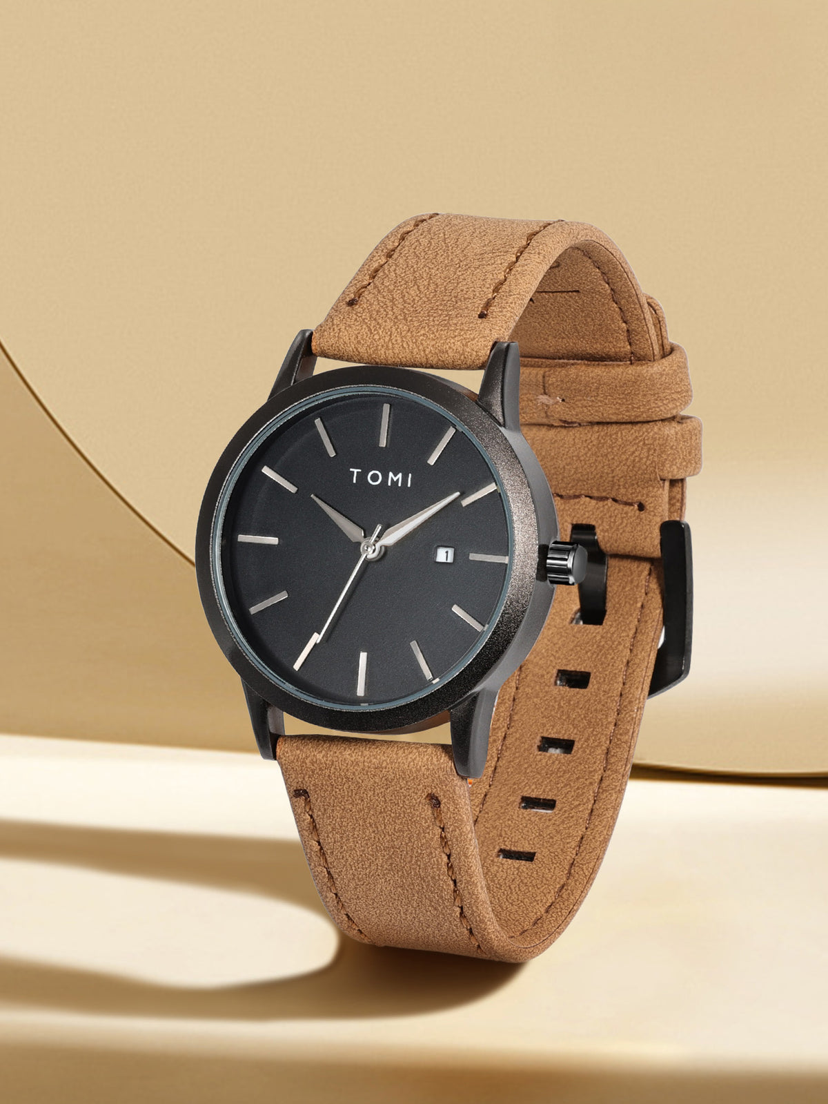 Relógio Minimalista Pulseira Couro Data Lateral