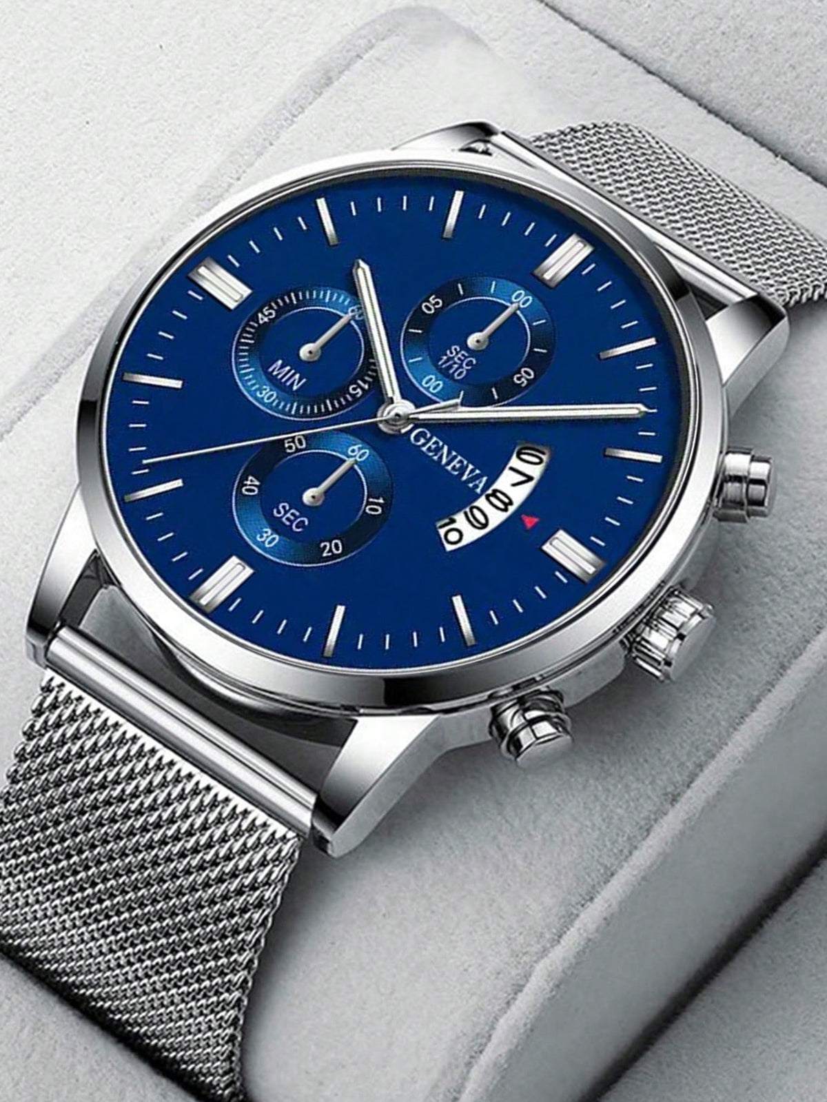 Relógio Prata Cronógrafo Azul Pulseira Malha