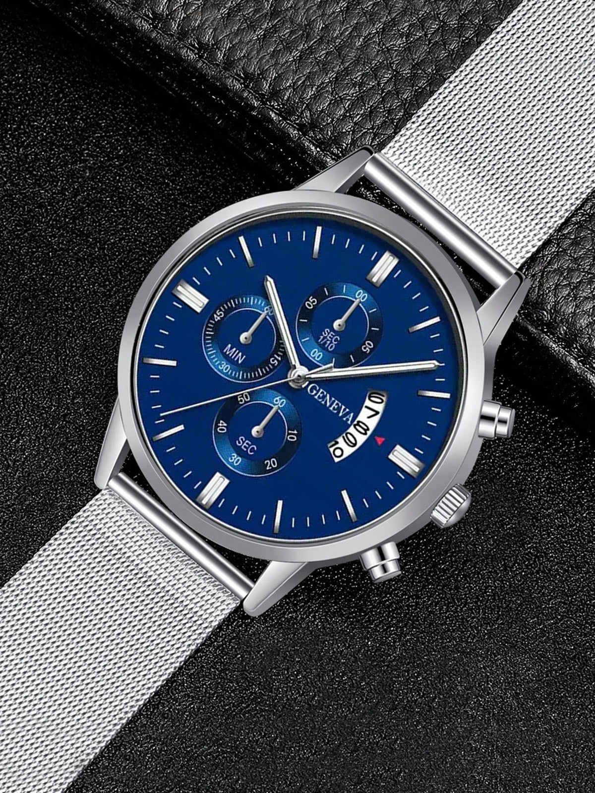 Relógio Prata Cronógrafo Azul Pulseira Malha