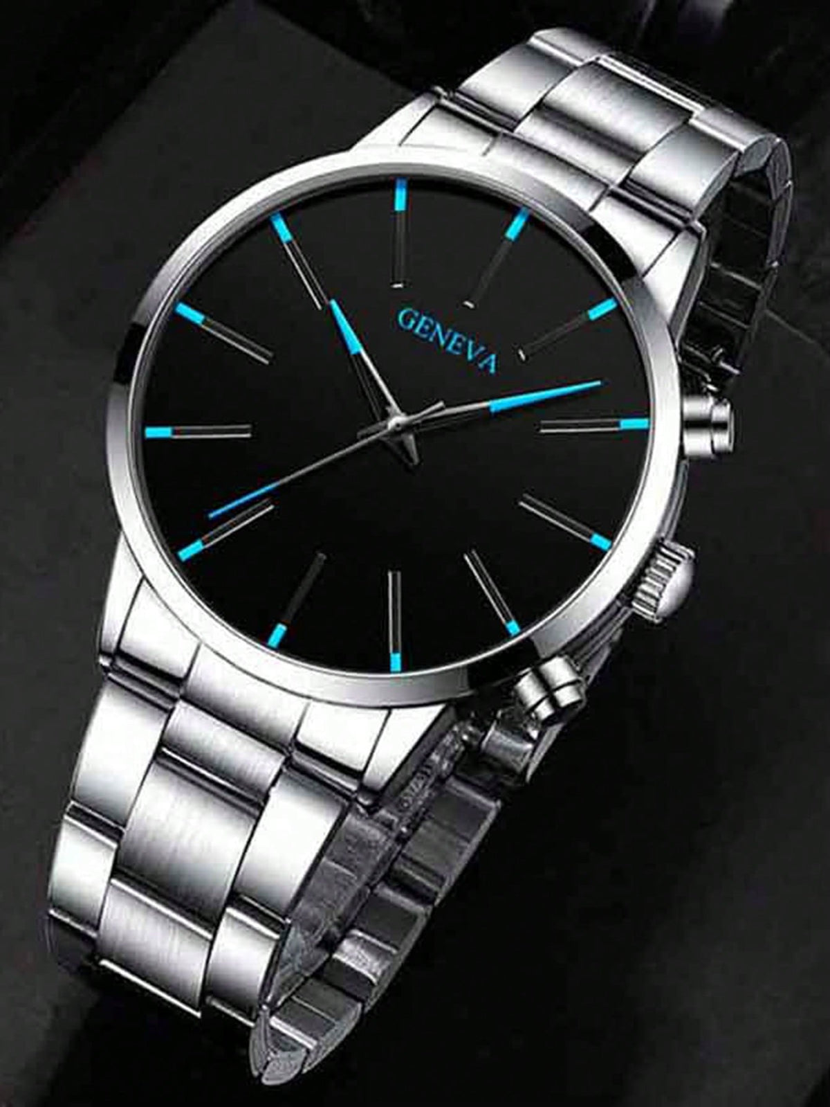 Relógio Cronógrafo Geneva Preto Azul Ponteiros Luminosos Pulseira Aço