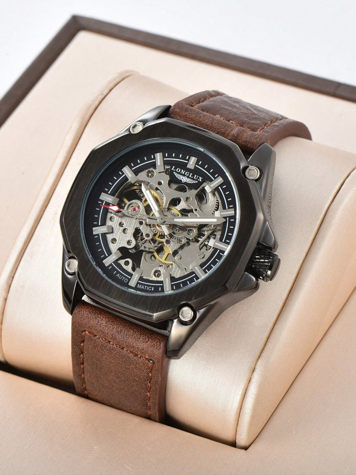 Relógio Masculino Mecânico Skeleton Automático Com Pulseira Em Couro