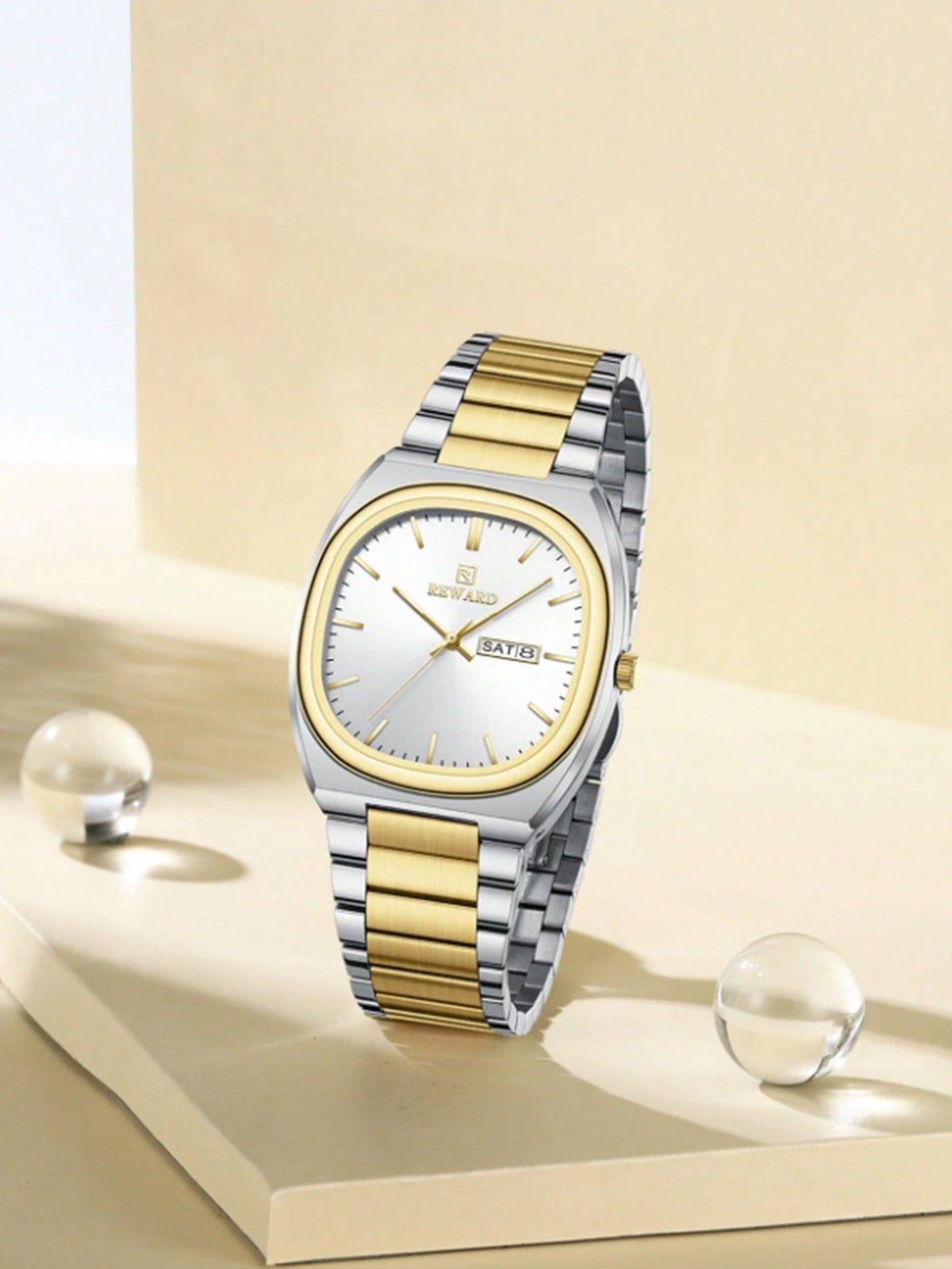 Relógio Quartz Megir Quadrado Prata Ouro Pulseira Bicolor Data Elegante