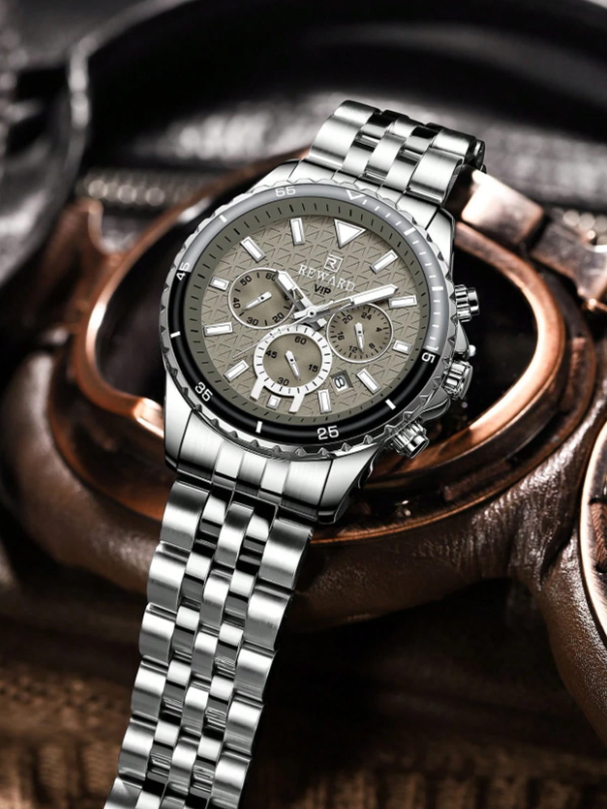 Relógio Cronógrafo Cinza Pulseira Malha Aço Bezel Tonalidade