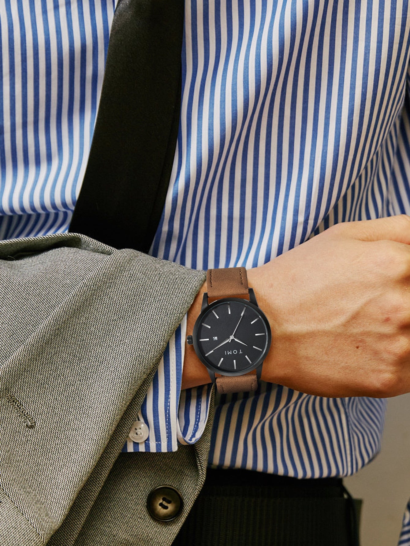 Relógio Minimalista Pulseira Couro Mostrador Com Data