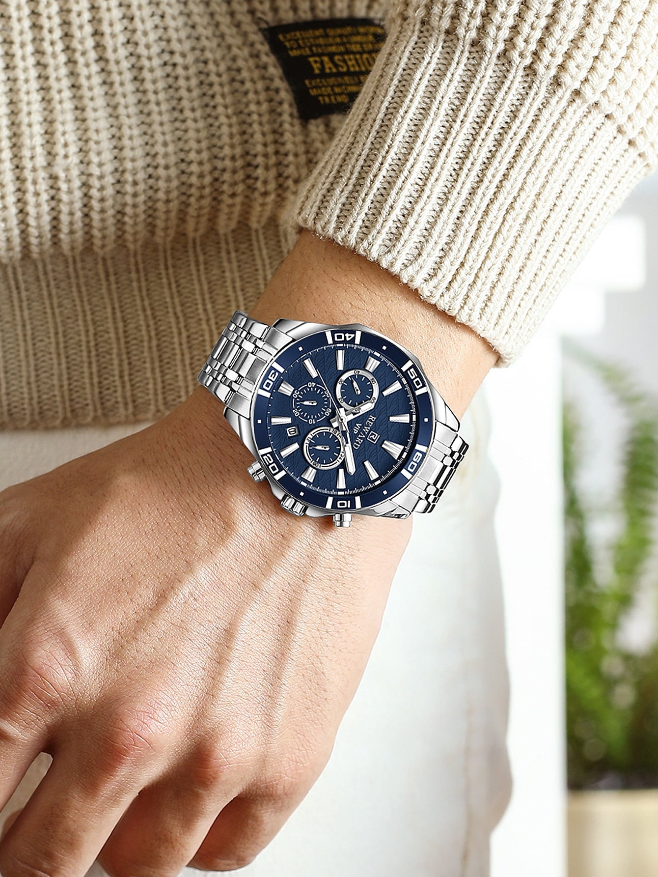 Relógio Cronógrafo Azul Pulseira Aço Bezel Tático Luxo