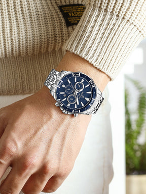 Relógio Cronógrafo Azul Pulseira Aço Bezel Tático Luxo