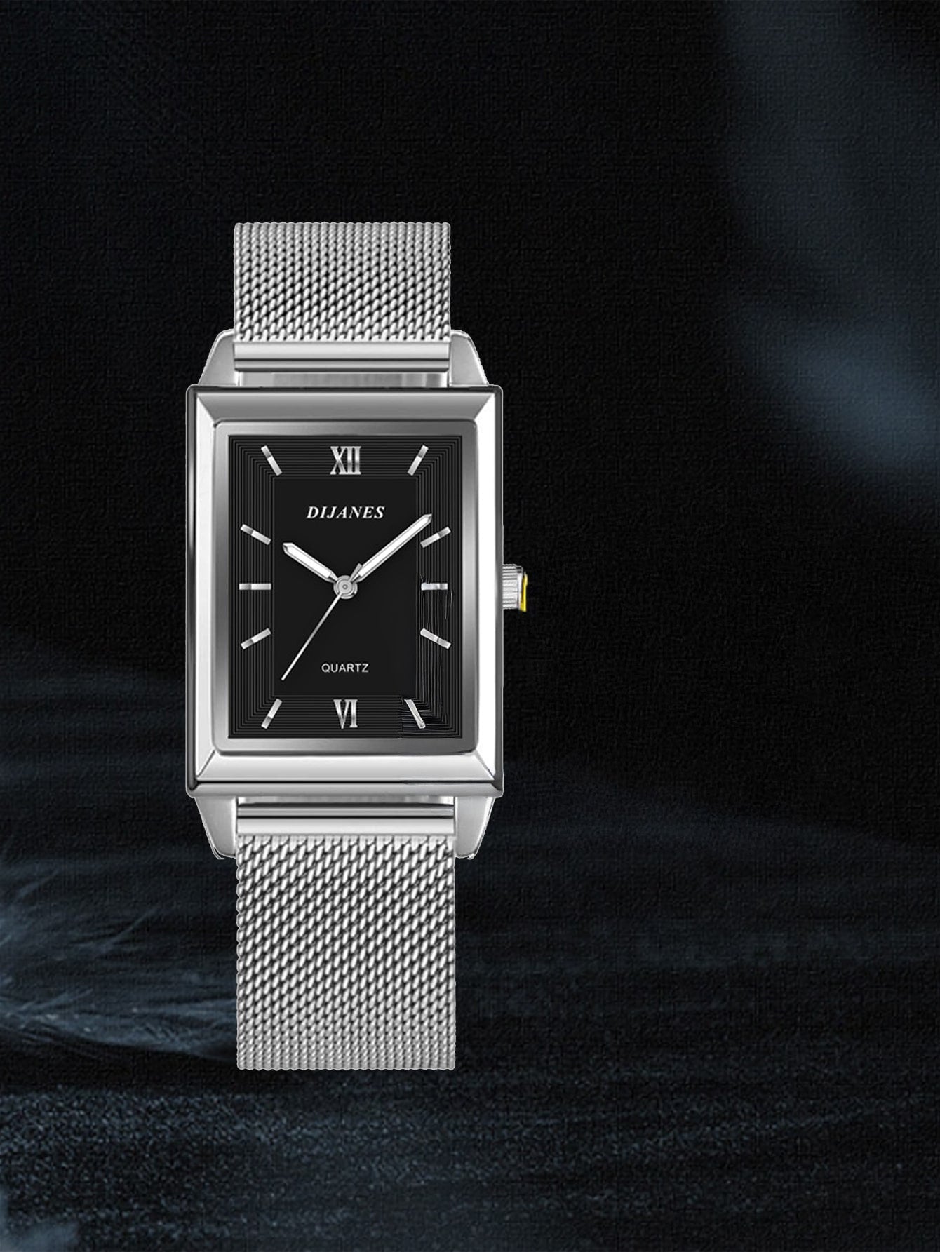 Relógio Quadrado Preto Pulseira Malha Prata Minimalista