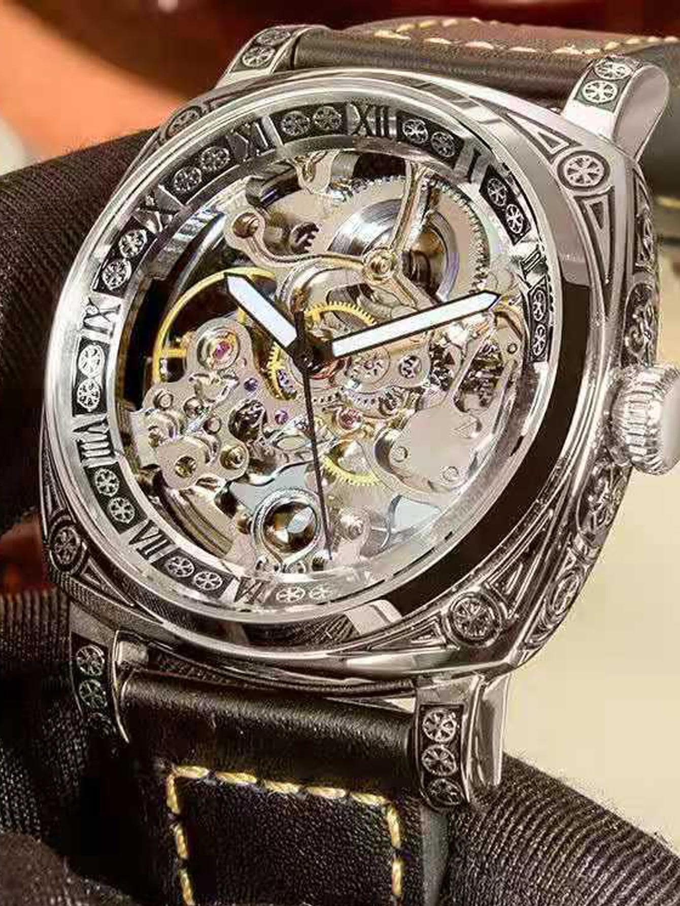 Relógio Masculino Automático Skeleton Luxo Com Pulseira Em Couro
