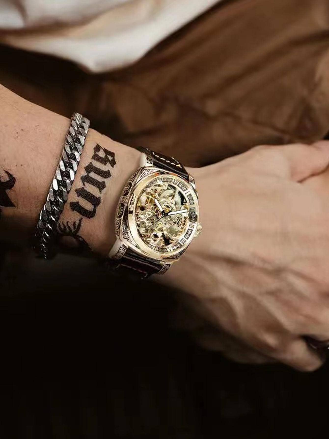 Relógio Masculino Automático Skeleton Luxo Com Pulseira Em Couro