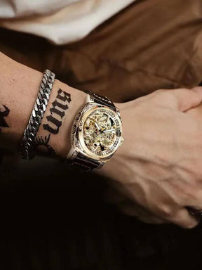 Relógio Masculino Automático Skeleton Luxo Com Pulseira Em Couro