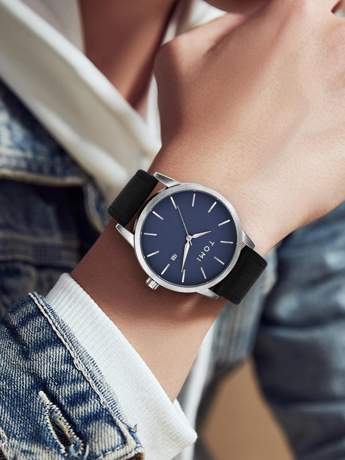 Relógio Minimalista Pulseira Couro Mostrador Linhas Finas