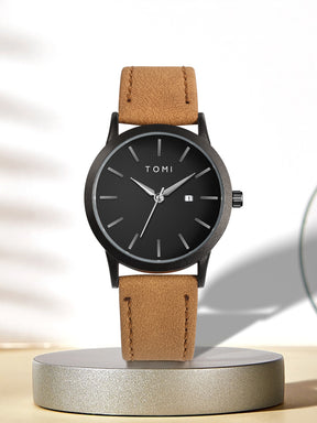 Relógio Minimalista Pulseira Couro Data Lateral