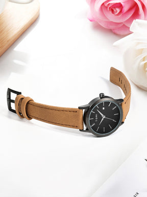 Relógio Minimalista Pulseira Couro Data Lateral