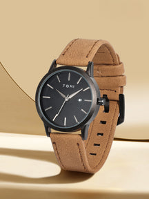 Relógio Minimalista Pulseira Couro Data Lateral