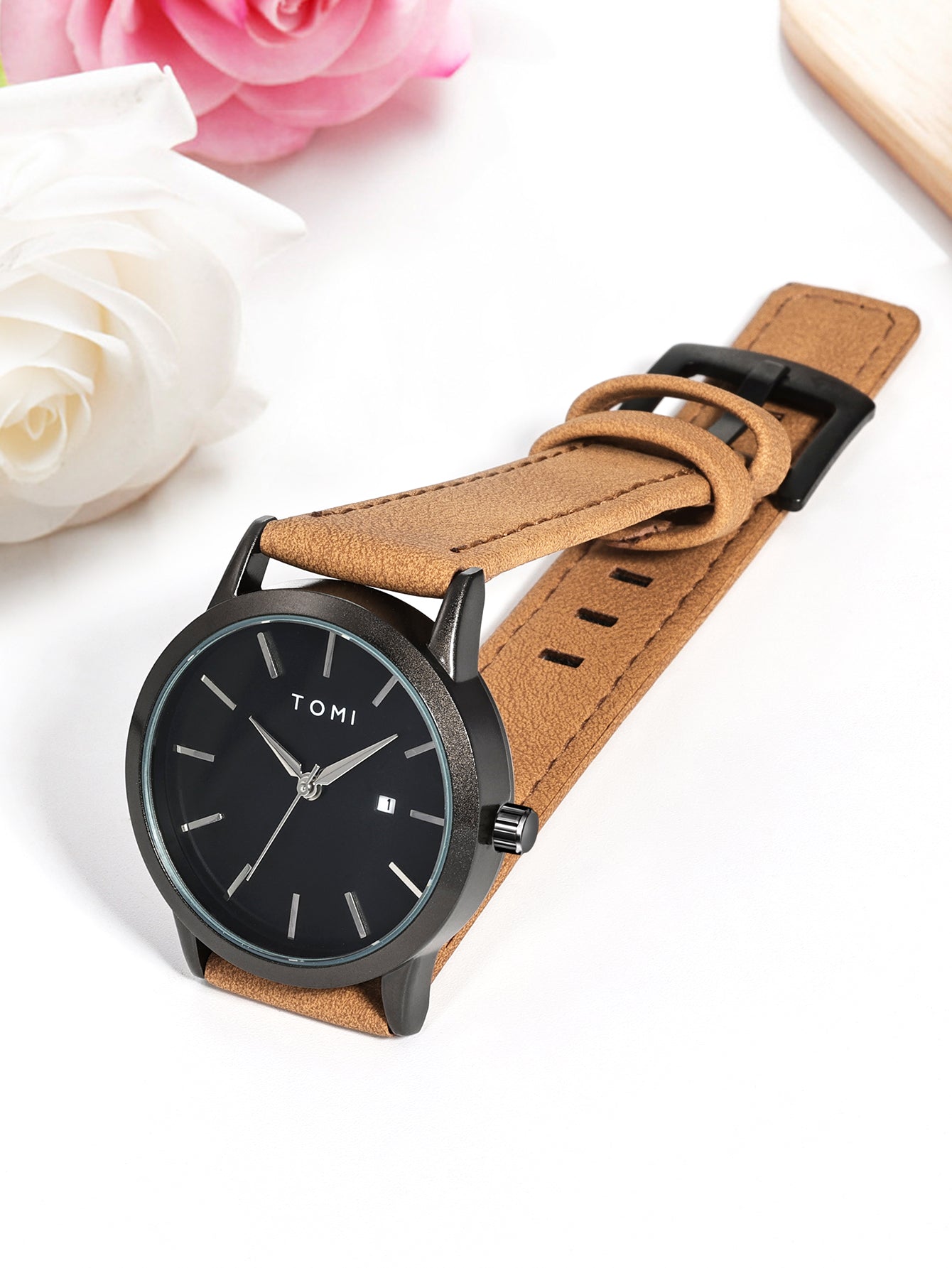 Relógio Minimalista Pulseira Couro Data Lateral