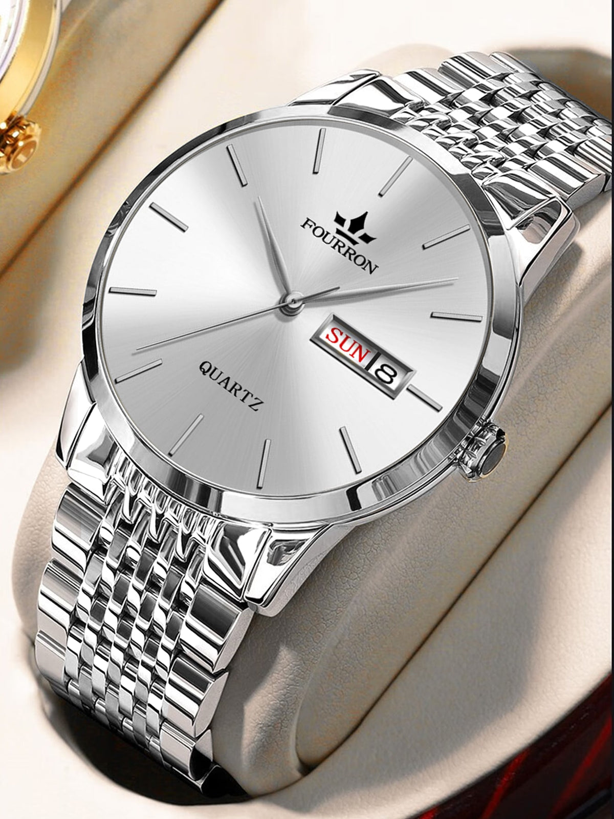 Relógio Quartz Fourron Prata Pulseira Malha Dia Data Elegante