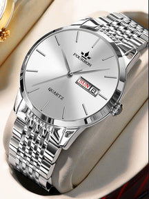 Relógio Quartz Fourron Prata Pulseira Malha Dia Data Elegante