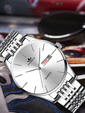 Relógio Quartz Fourron Prata Pulseira Malha Dia Data Elegante