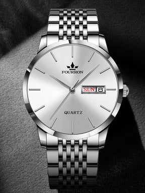 Relógio Quartz Fourron Prata Pulseira Malha Dia Data Elegante