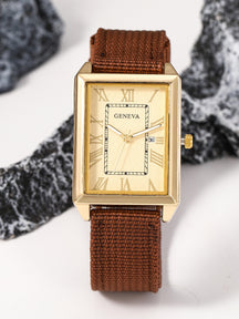 Relógio Masculino Caixa Quadrada Números Romanos Tecido