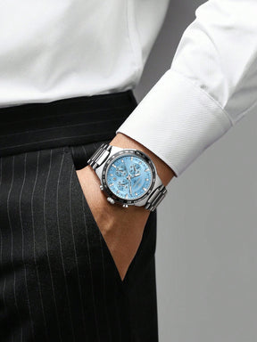 Relógio Cronógrafo Azul Pagani Design Pulseira Aço Cerâmica Bezel