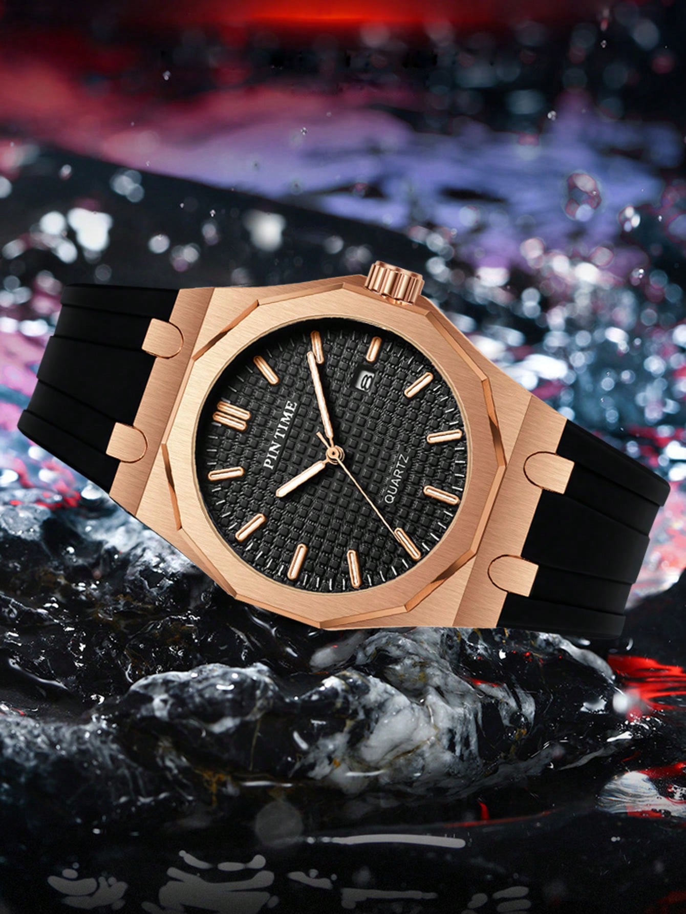 Relógio Masculino Luxo Com Caixa Octogonal E Pulseira Silicone