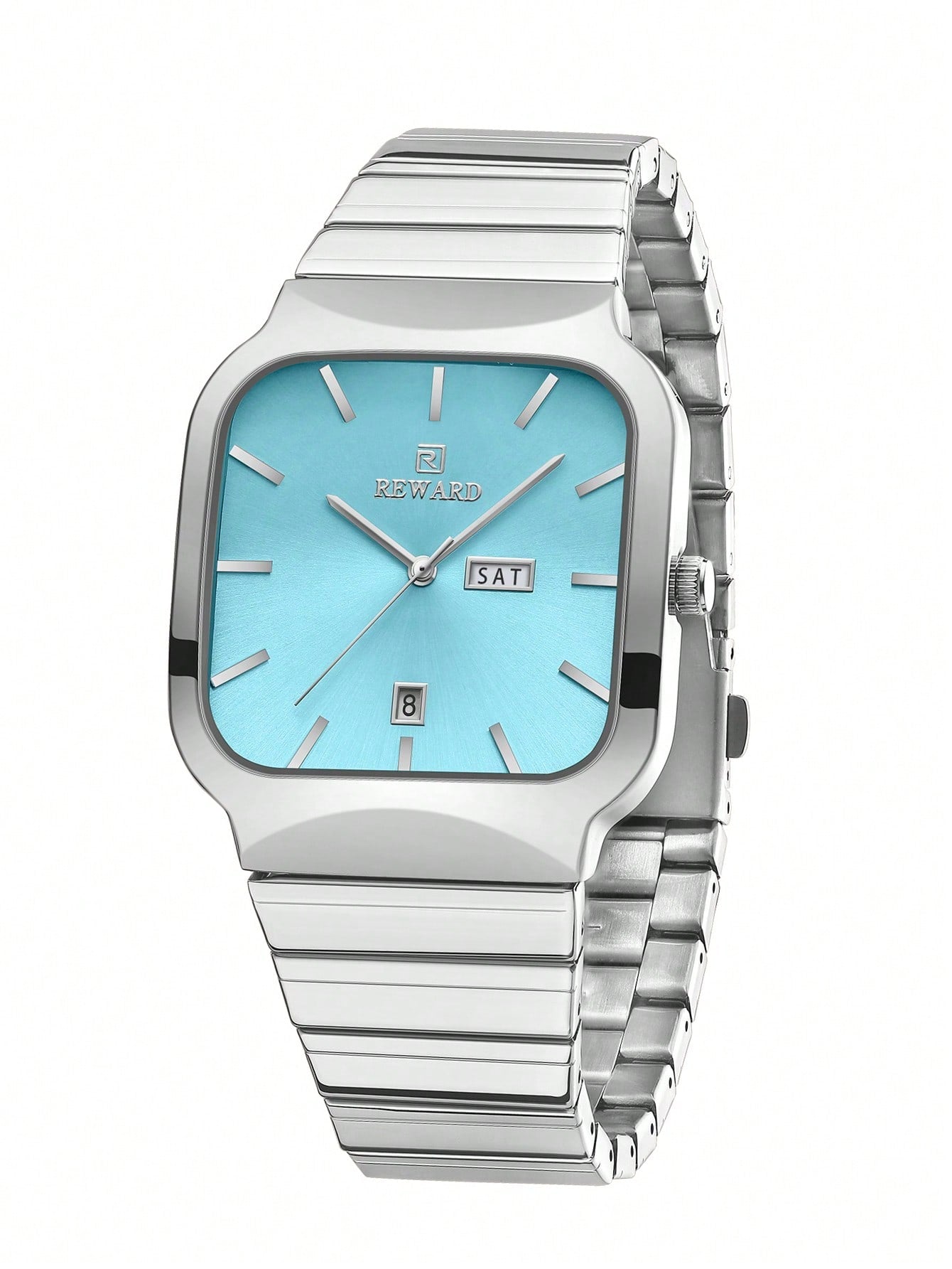 Relógio Quadrado Azul Claro Pulseira Malha Prata Data