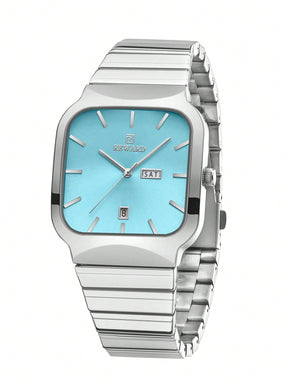 Relógio Quadrado Azul Claro Pulseira Malha Prata Data