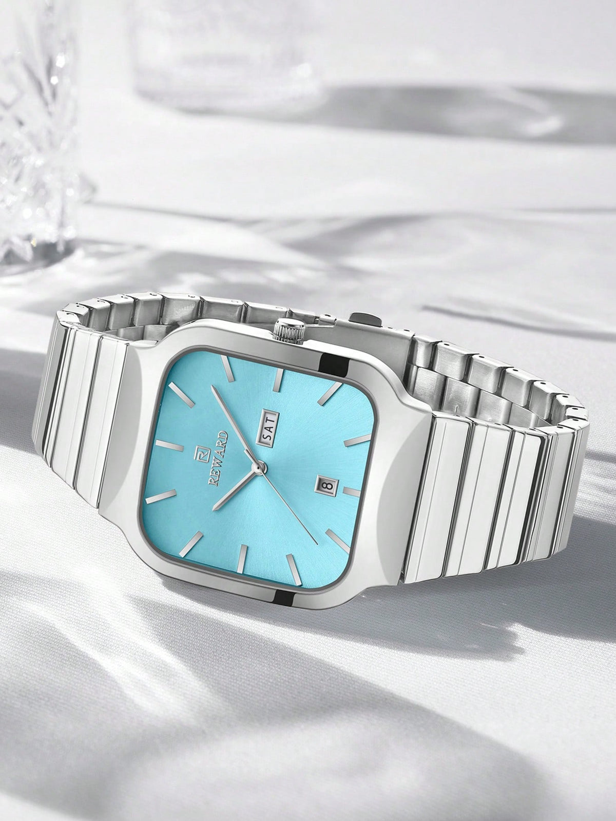 Relógio Quadrado Azul Claro Pulseira Malha Prata Data