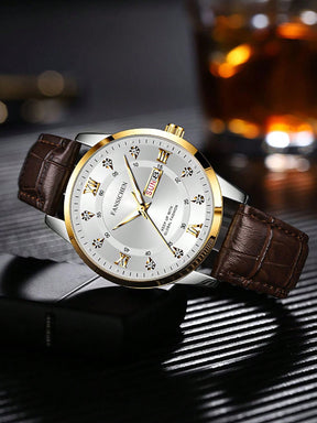 Relógio Masculino Clássico Com Pulseira Em Couro E Calendário