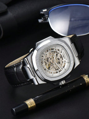 Relógio Masculino Mecânico Skeleton Com Caixa Preta