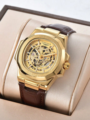 Relógio Masculino Automático Skeleton Caixa Octogonal Luxo