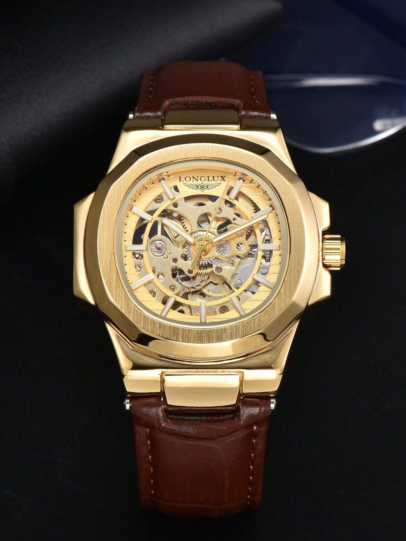 Relógio Masculino Automático Skeleton Caixa Octogonal Luxo