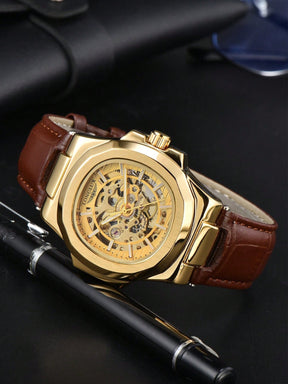 Relógio Masculino Automático Skeleton Caixa Octogonal Luxo