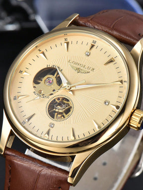 Relógio Minimalista Mostrador Mecânico Pulseira Couro