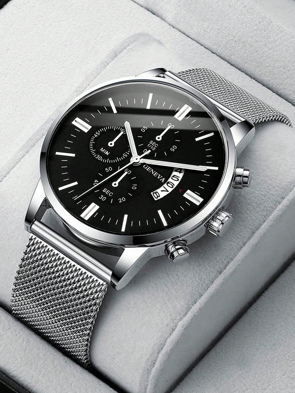 Relógio Cronógrafo Preto Pulseira Malha Data Subdials Luxo
