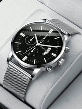 Relógio Cronógrafo Preto Pulseira Malha Data Subdials Luxo