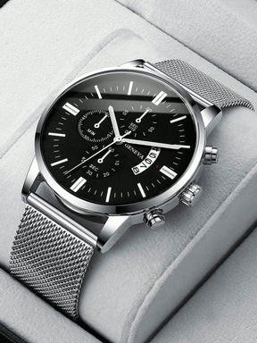 Relógio Cronógrafo Preto Pulseira Malha Data Subdials Luxo