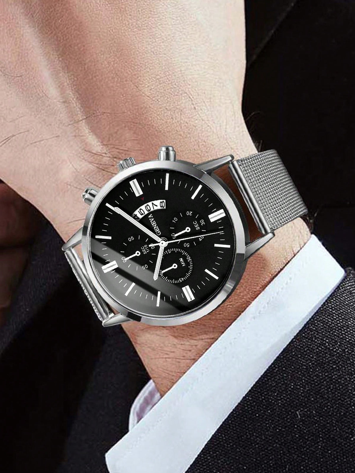 Relógio Cronógrafo Preto Pulseira Malha Data Subdials Luxo