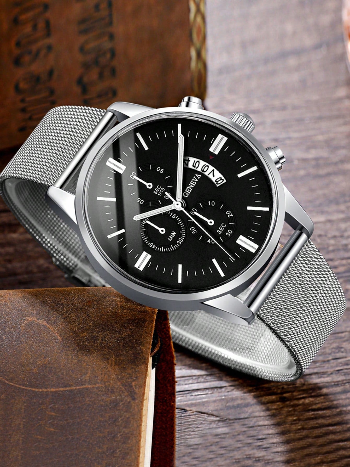 Relógio Cronógrafo Preto Pulseira Malha Data Subdials Luxo