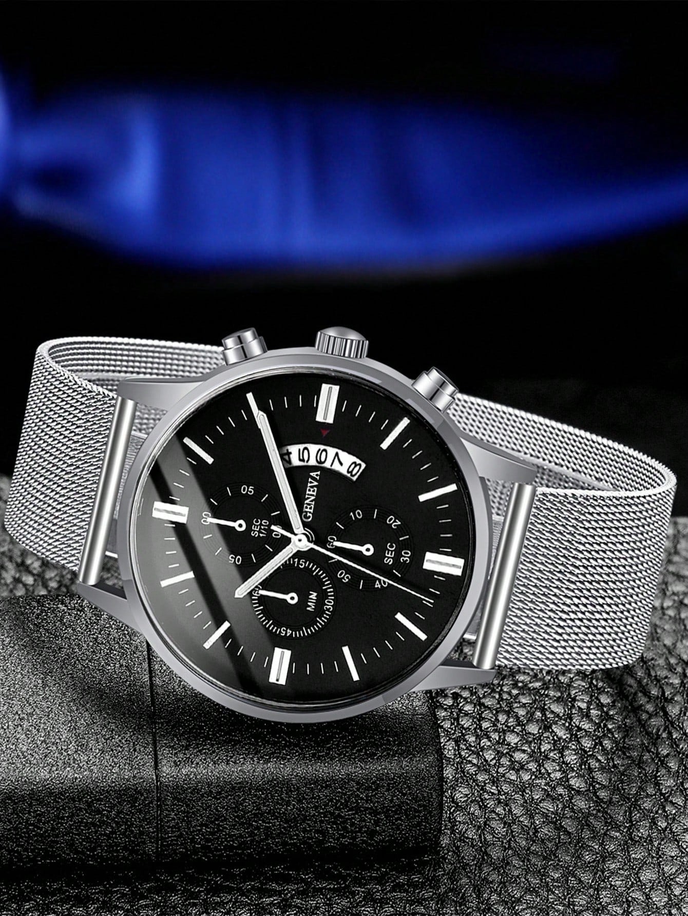 Relógio Cronógrafo Preto Pulseira Malha Data Subdials Luxo