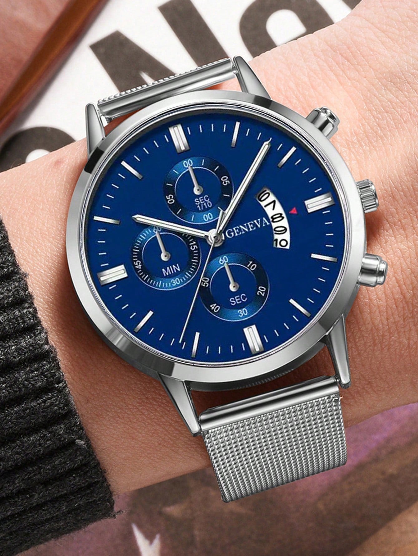 Relógio Prata Cronógrafo Azul Pulseira Malha