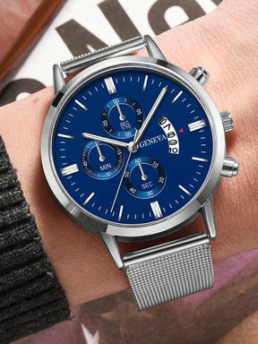 Relógio Prata Cronógrafo Azul Pulseira Malha