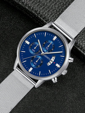 Relógio Prata Cronógrafo Azul Pulseira Malha