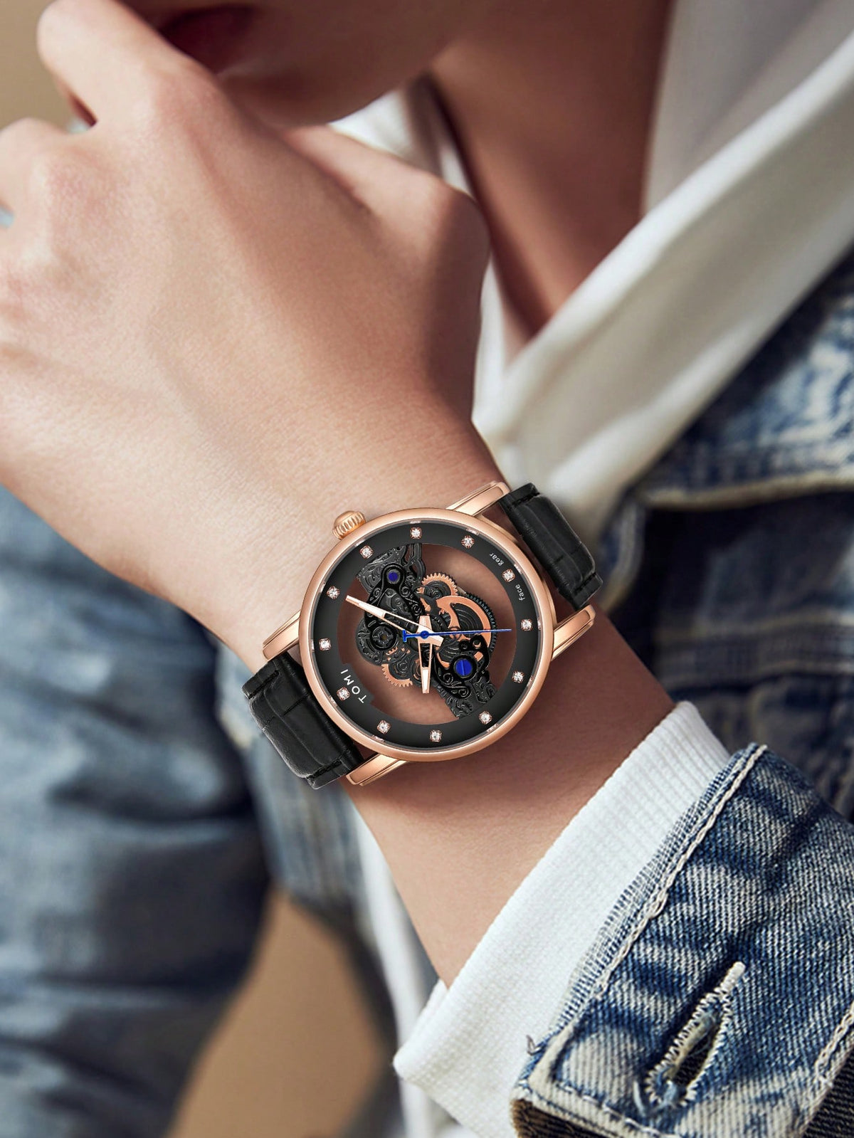 Relógio Minimalista Mostrador Automático Pulseira Couro