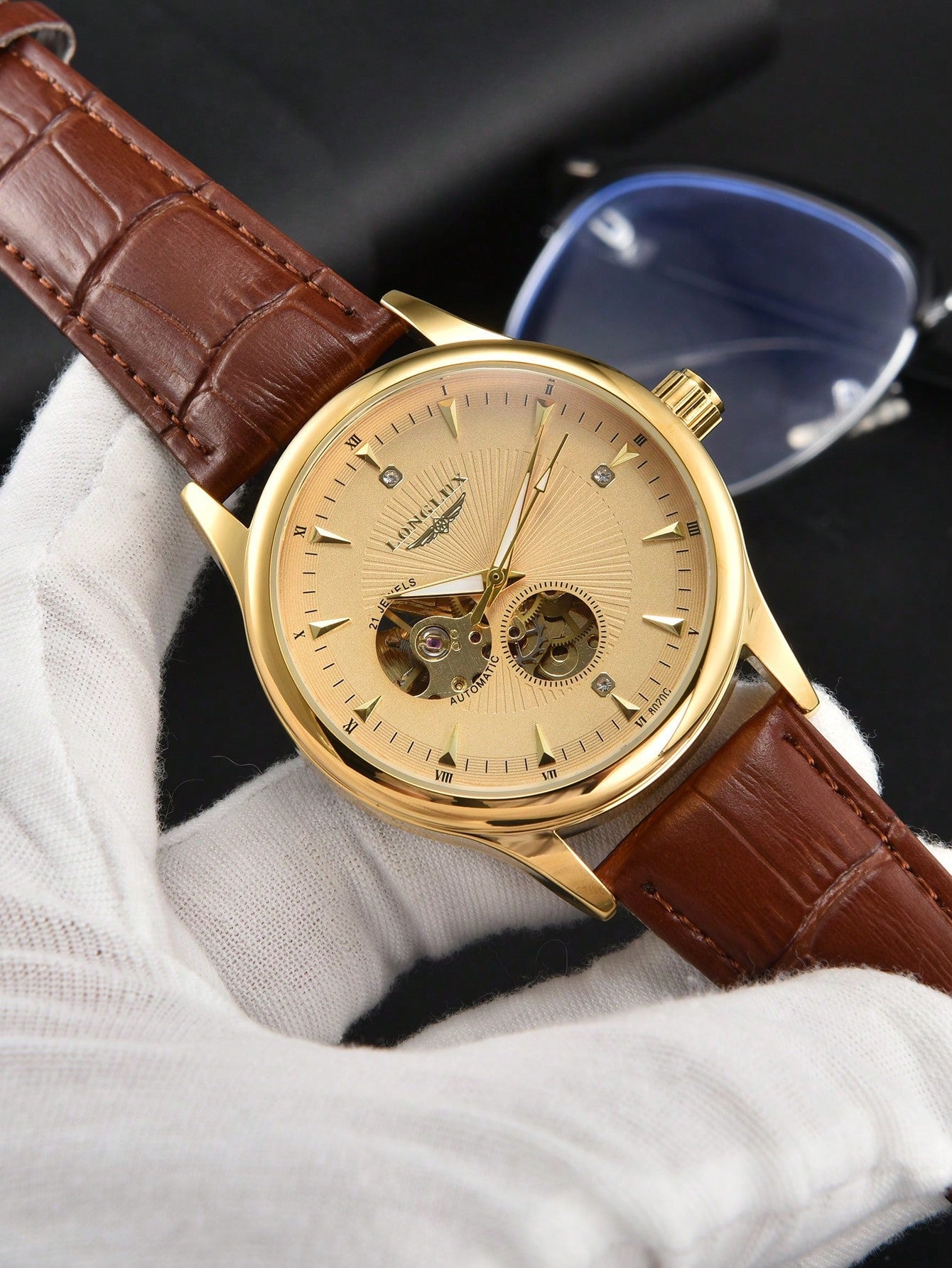 Relógio Minimalista Mostrador Mecânico Pulseira Couro