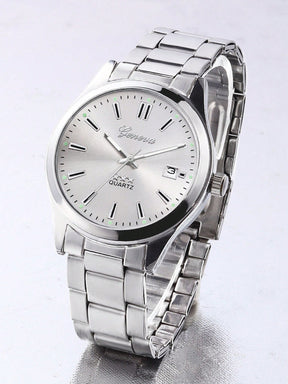 Relógio Quartz Prata Geneva Pulseira Aço Data Caixa Elegante