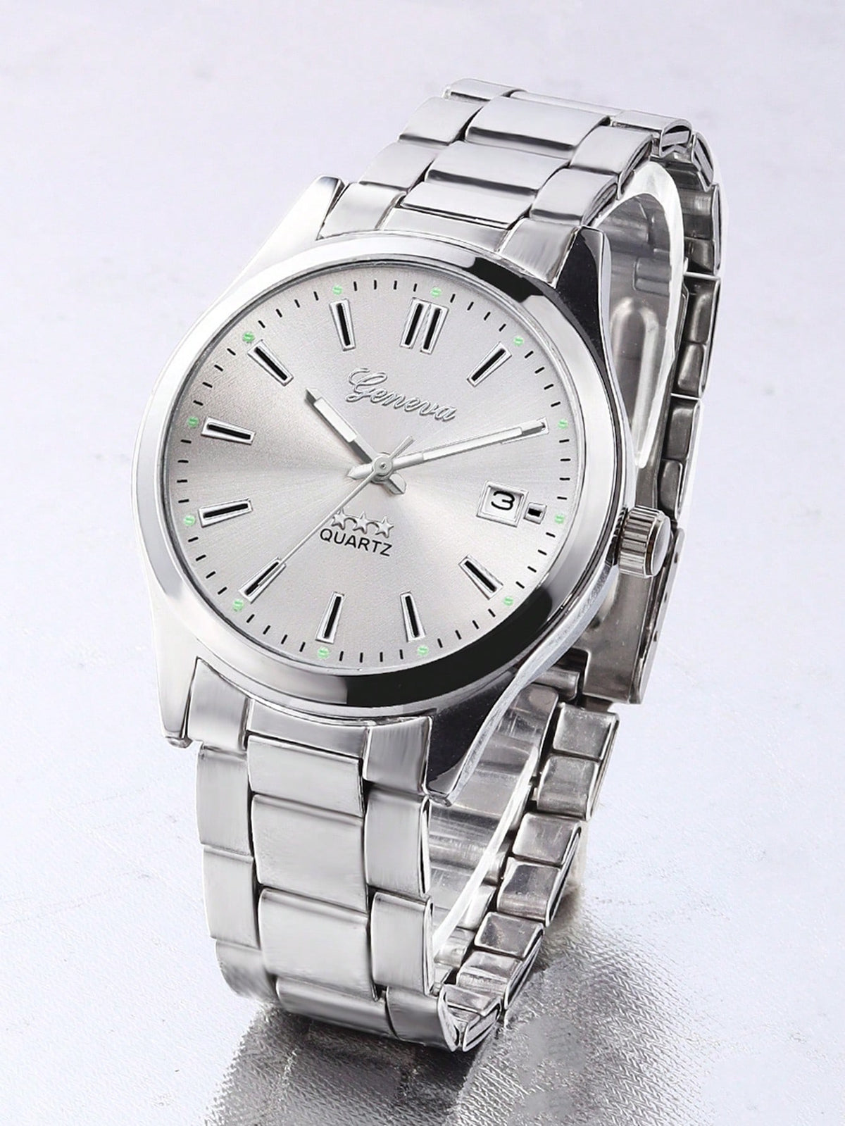 Relógio Quartz Geneva Prata Pulseira Aço Data Caixa Luxo