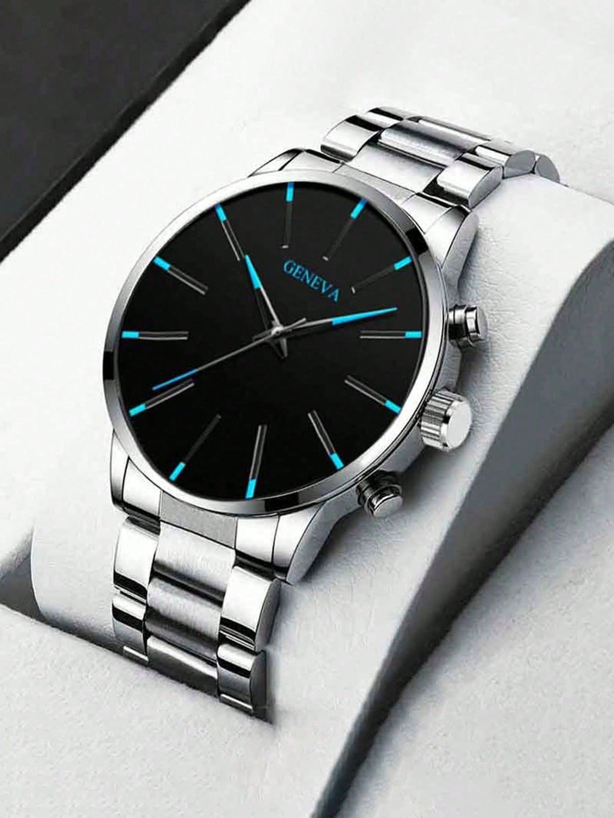 Relógio Cronógrafo Geneva Preto Azul Ponteiros Luminosos Pulseira Aço